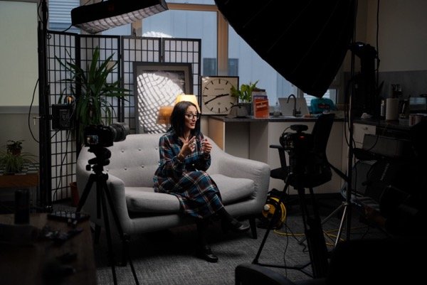 Multi-camera interview setup with professional studio lighting